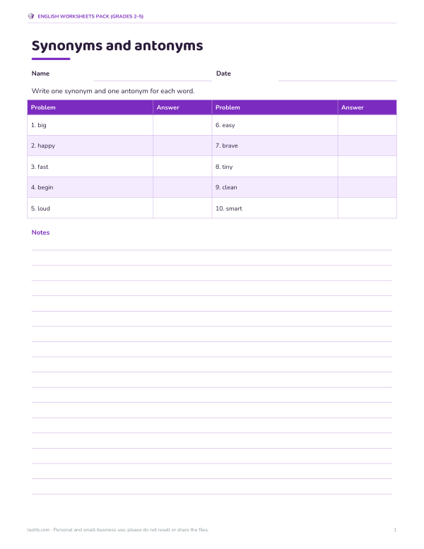 Preview of Printable Synonyms and Antonyms Worksheet